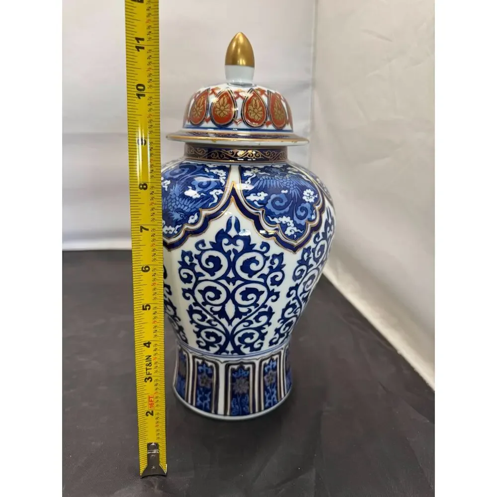 Vintage Toyo Japan Gold Imari Porcelain Ginger Jar Lidded Vase Cobalt Blue 11
